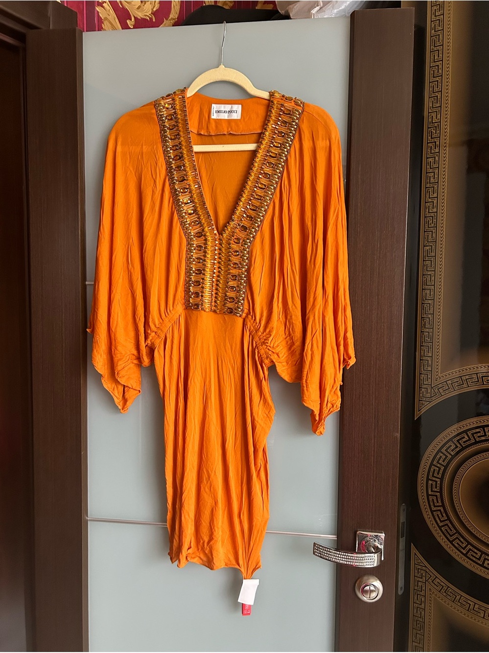 Emilio Pucci Bright Orange Embellished V-Neck Mini Dress